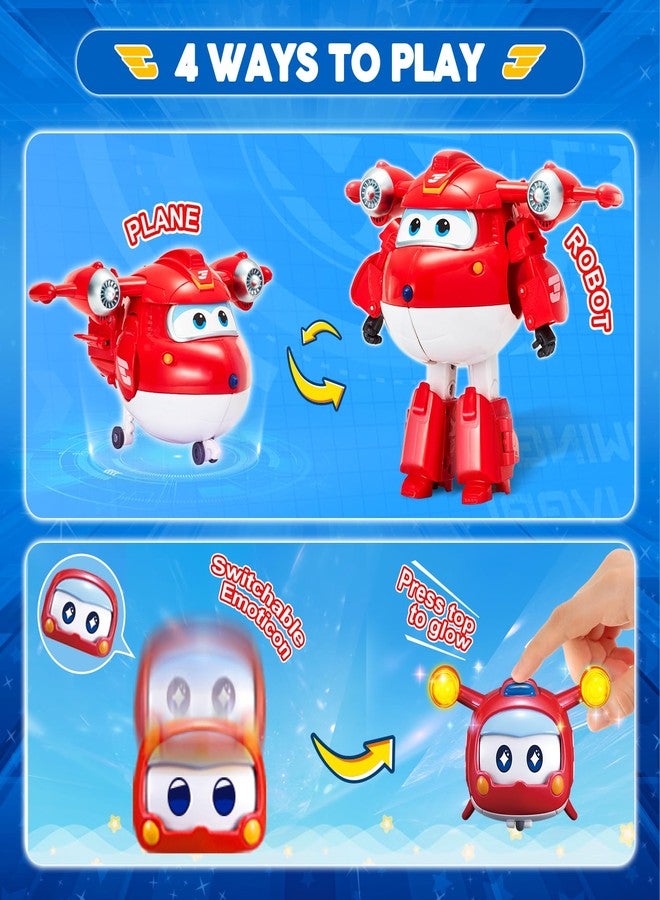 Super Wings - 5" Transforming 2-Pack Supercharged Jett & Super Pet Jett Airplane Toys | New from Season 5 | Airplane to Robot | Preschool Birthday Gifts for 3 4 5 Year Old Kids | with Light Effect - Image 2